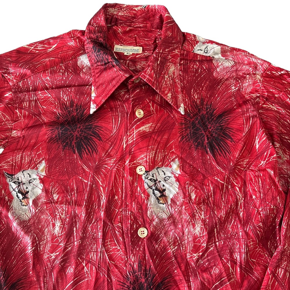 Vintage 70s Disco Shirt AOP Mens XL Red Nylon All Over Print animal print splatt